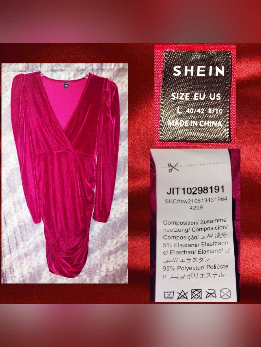 SHEIN brand Dark Red Wine L/S Ruched Soft Velvet Knit Dress Sz Large